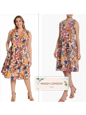 Maggy London Ruffled Swing Abstract Floral Poplin Sun Dress size 4 Retail $145